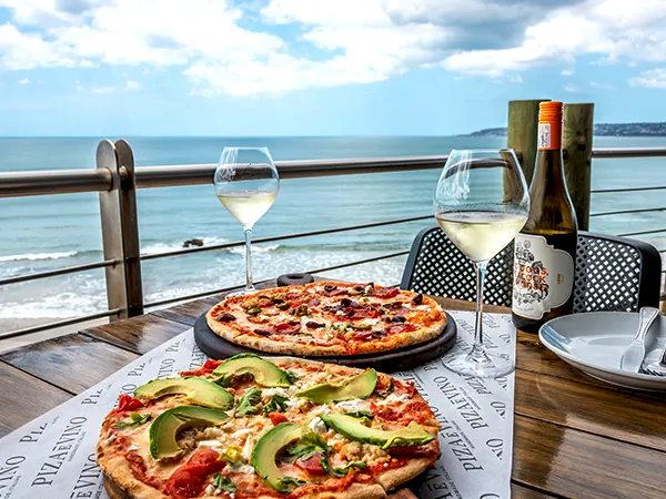 Seafood platter and a glass of wine at a Hartenbos seaside restaurant